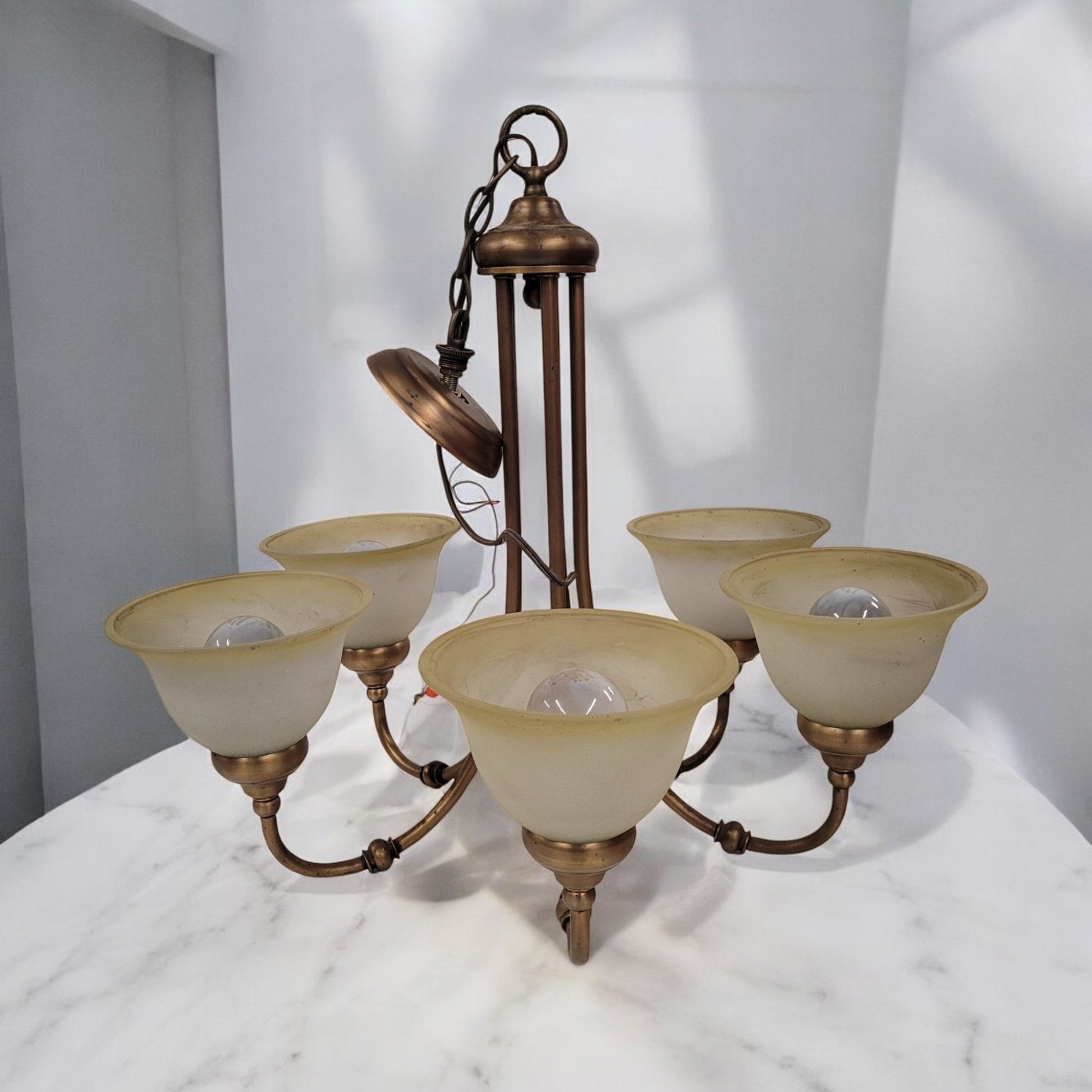 Vintage Brass Tube 5 Light Chandelier Light Fixture