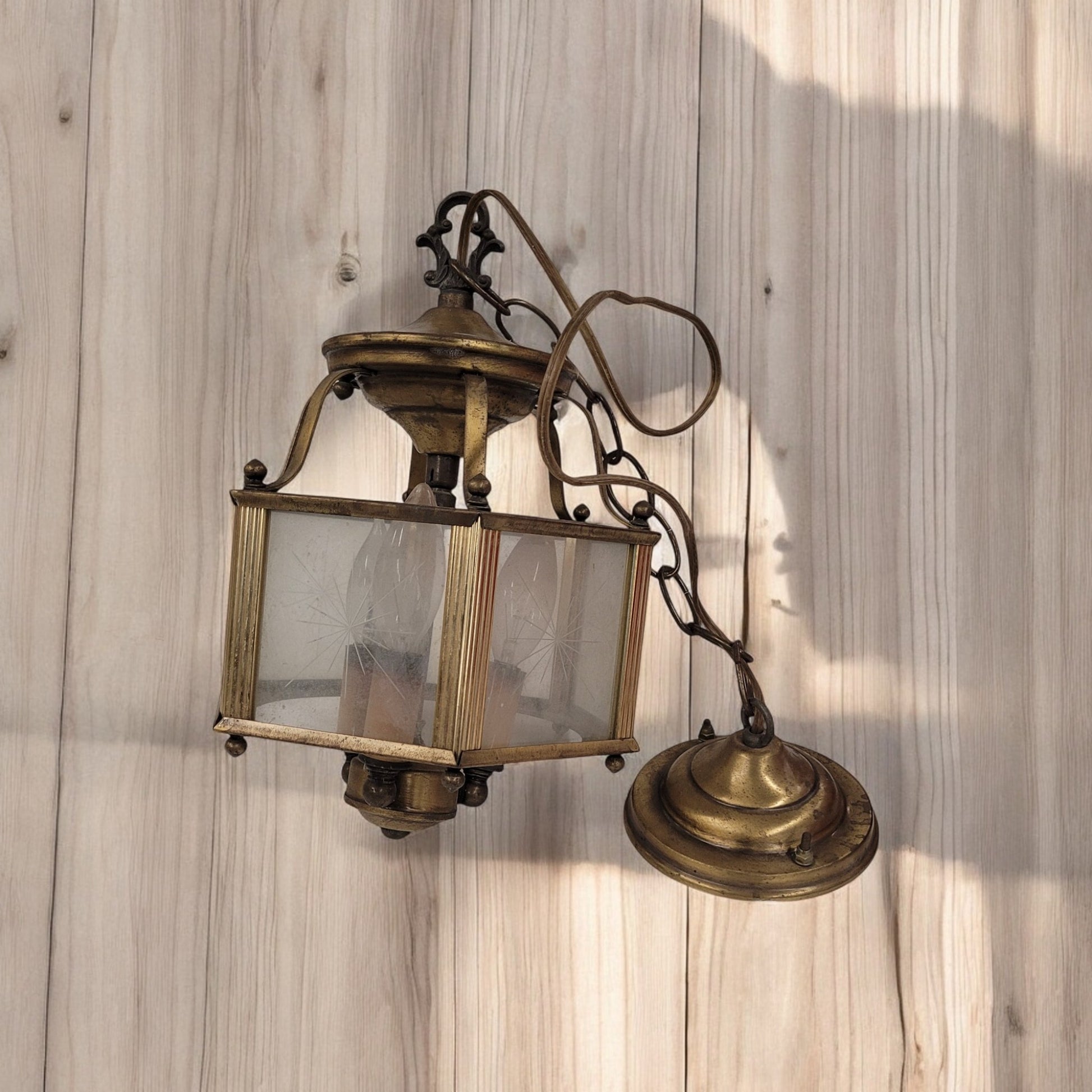 Vintage Brass Hexagonal Chandelier Light Fixture With Starburst Glass Shades 