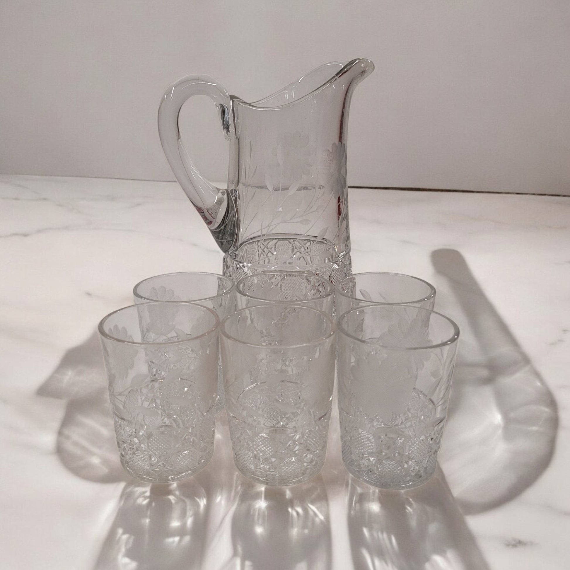 Vintage American Brilliant Period Cut Crystal Glass Pitcher And 6 Tumbler Set