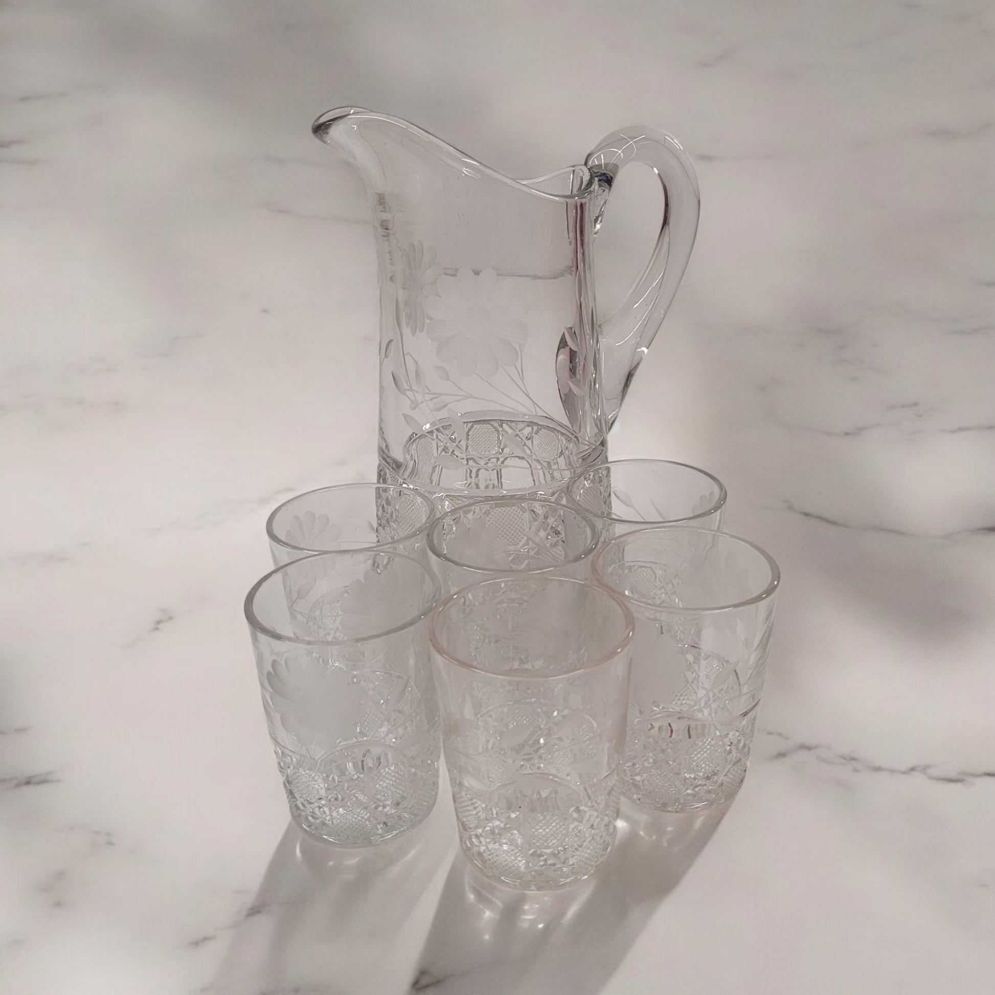 Vintage American Brilliant Period Cut Crystal Glass Pitcher And 6 Tumbler Set