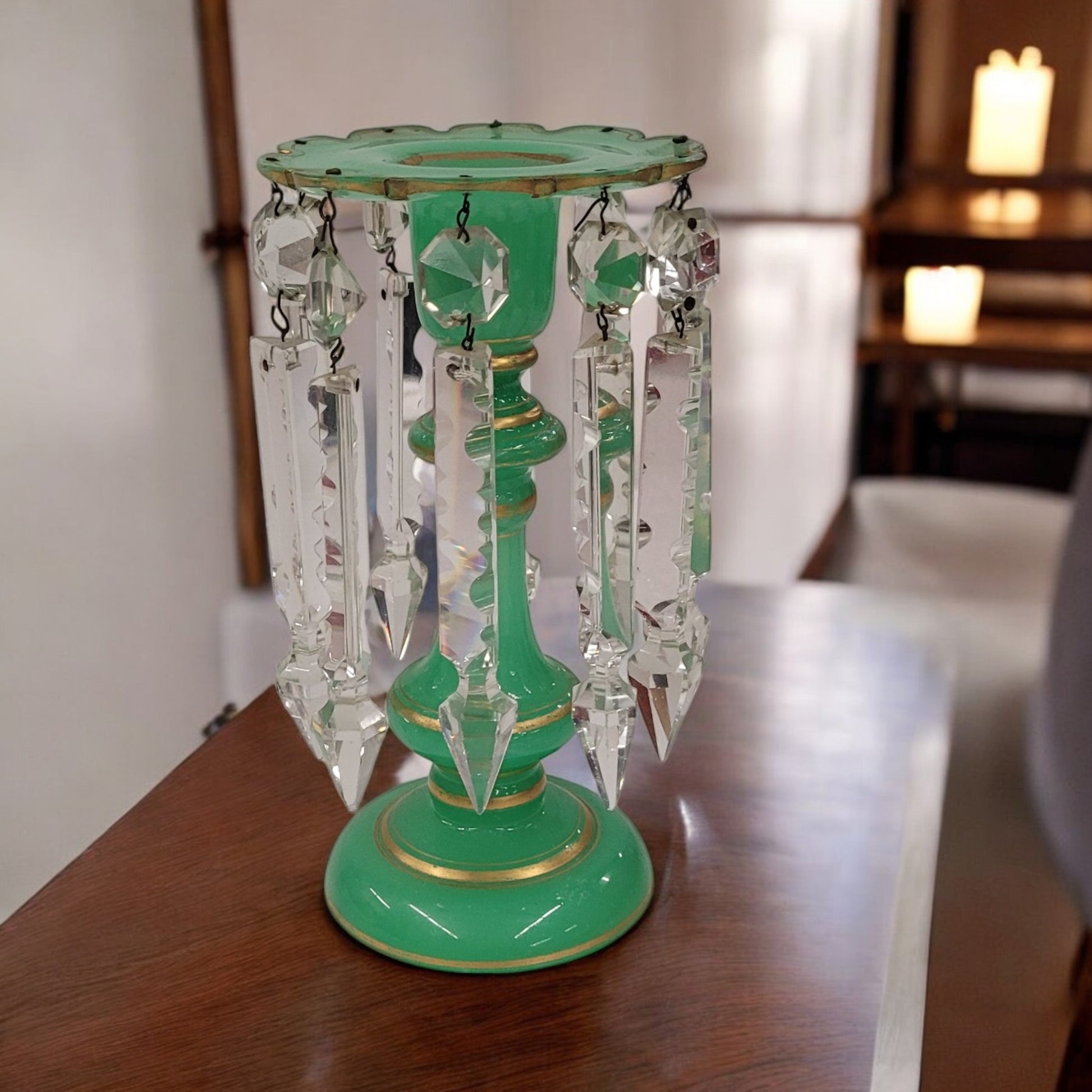 Antique Green And Gold Glass Mantle Lustre