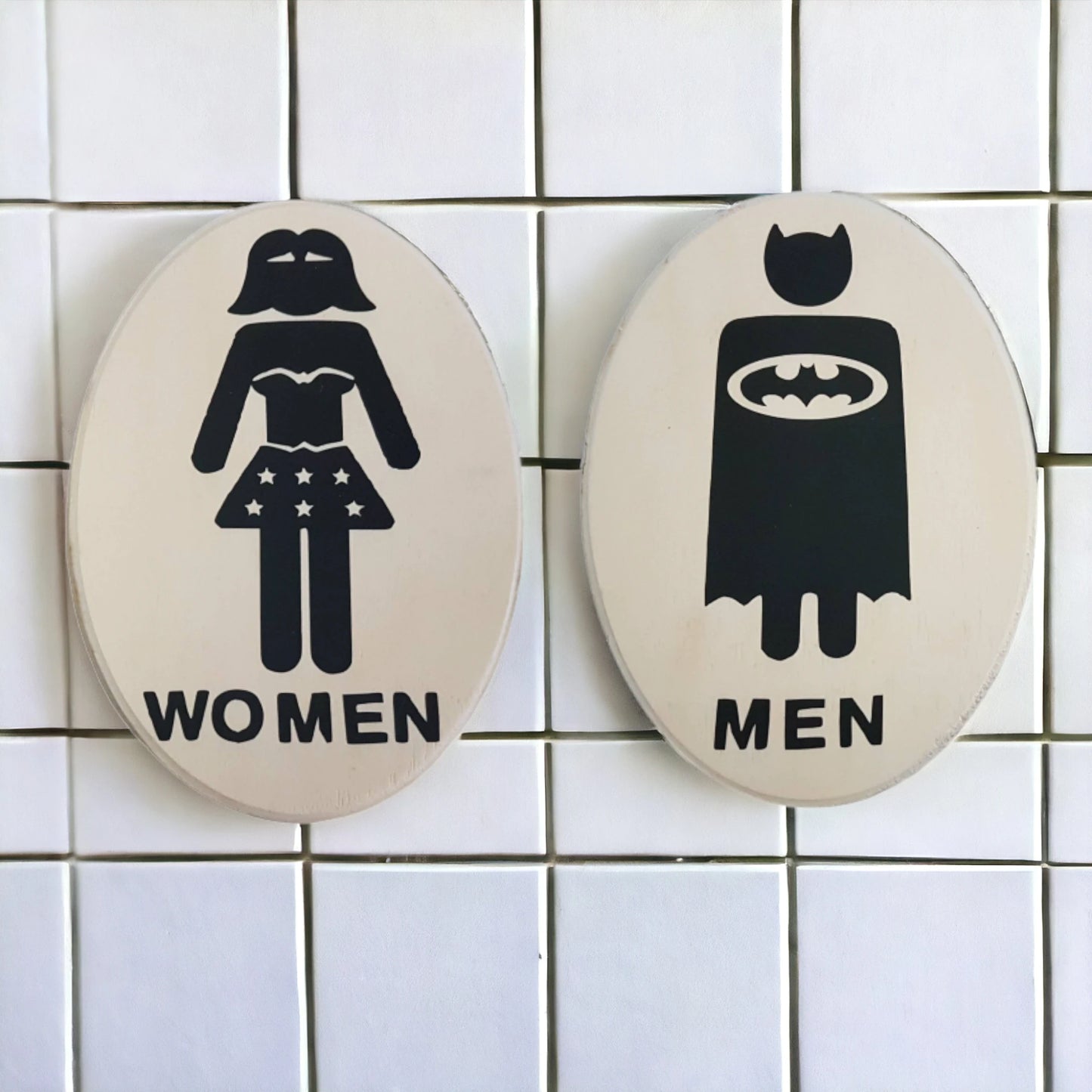 Bathroom Signs Batman Wonder Woman