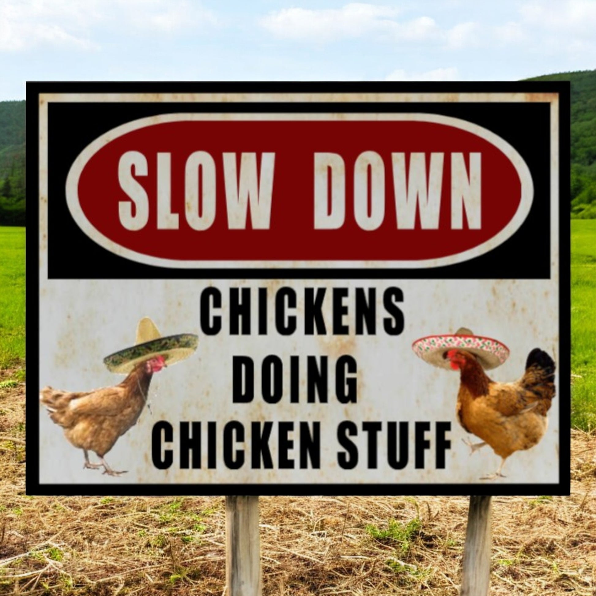 slow down sign chickens doing chicken stuff sign 