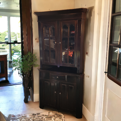 Wooden Corner Cabinet Vintage With Glass Doors