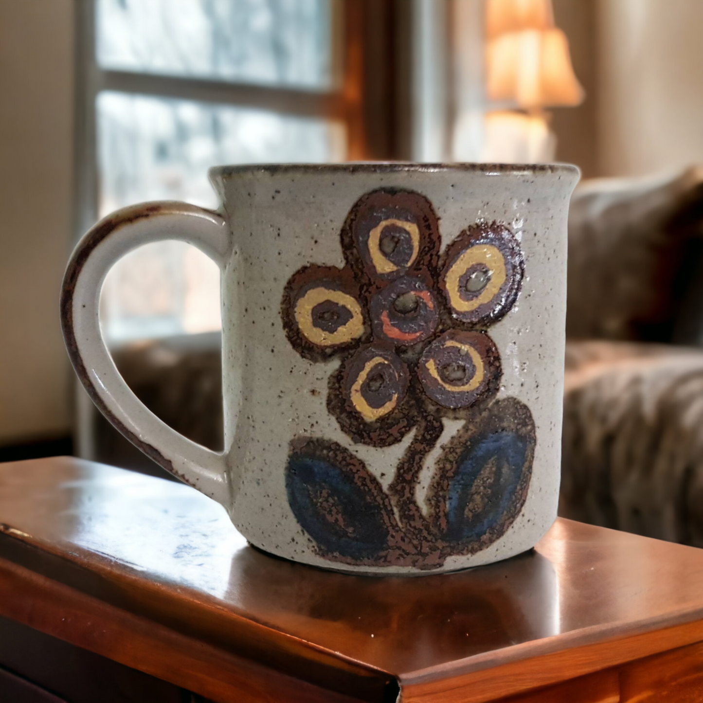 Art Pottery Coffee Cup Hand Painted Floral Design MCM Hippy Dippy Flower Power