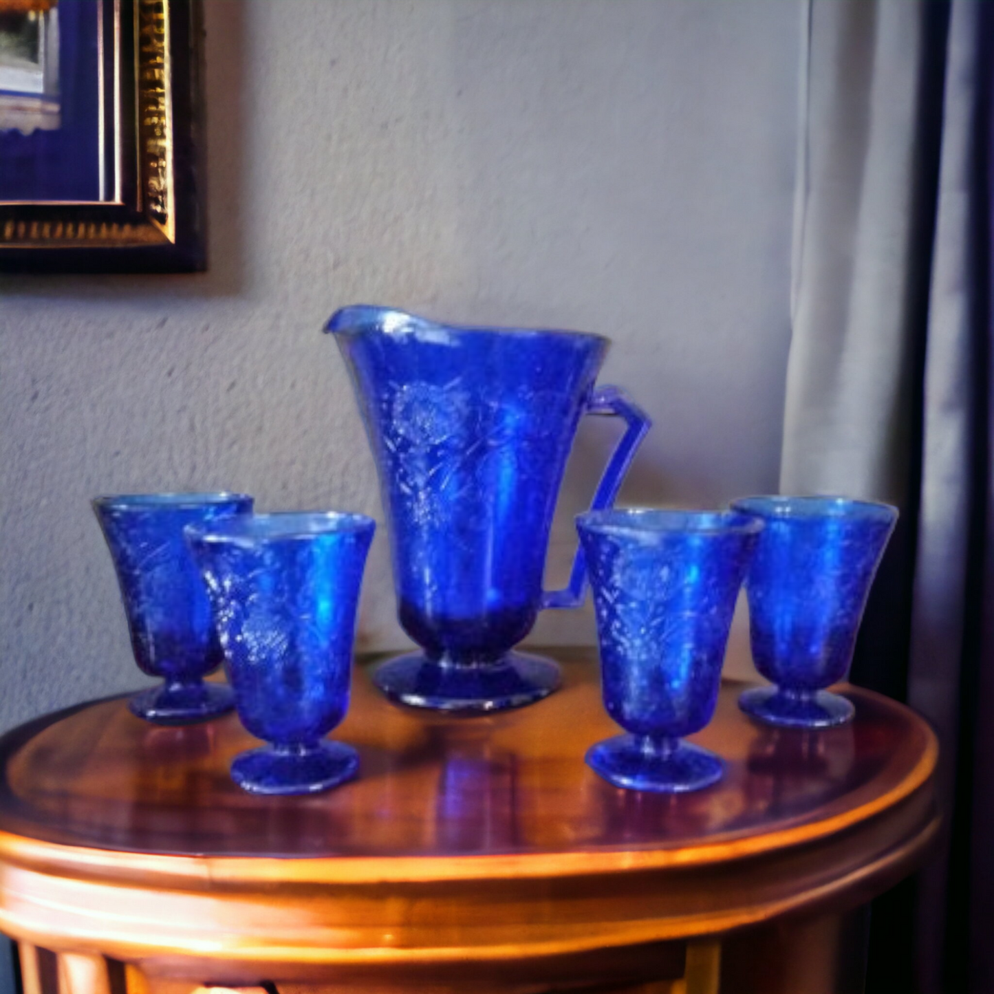Water Pitcher & Tumbler Set Cobalt Blue Depression Glass