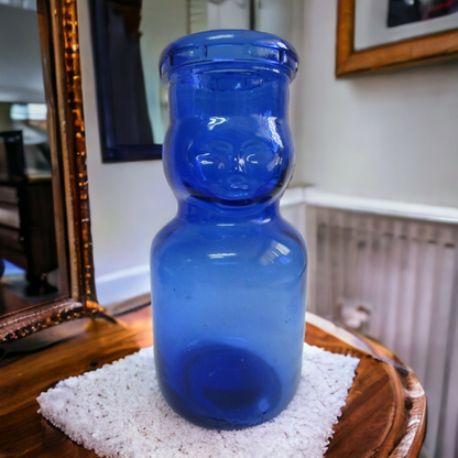 Vinatge Cobalt Blue Baby Face Milk Bottle Glass Cream Bottle