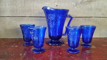 water pitcher & tumbler set cobalt blue glass